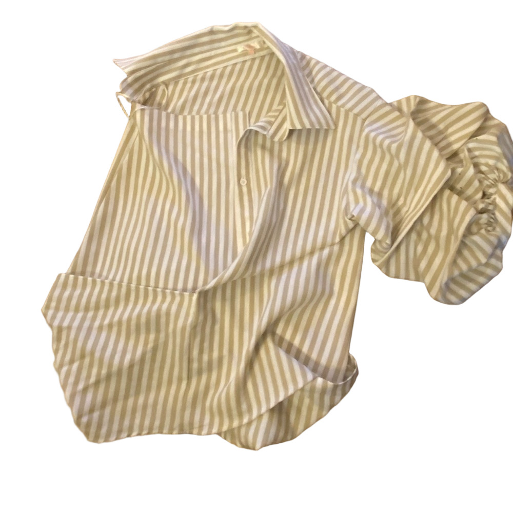 Luxxel One Shoulder Striped Button Down Blouse Asymmetric M Olive Tan White